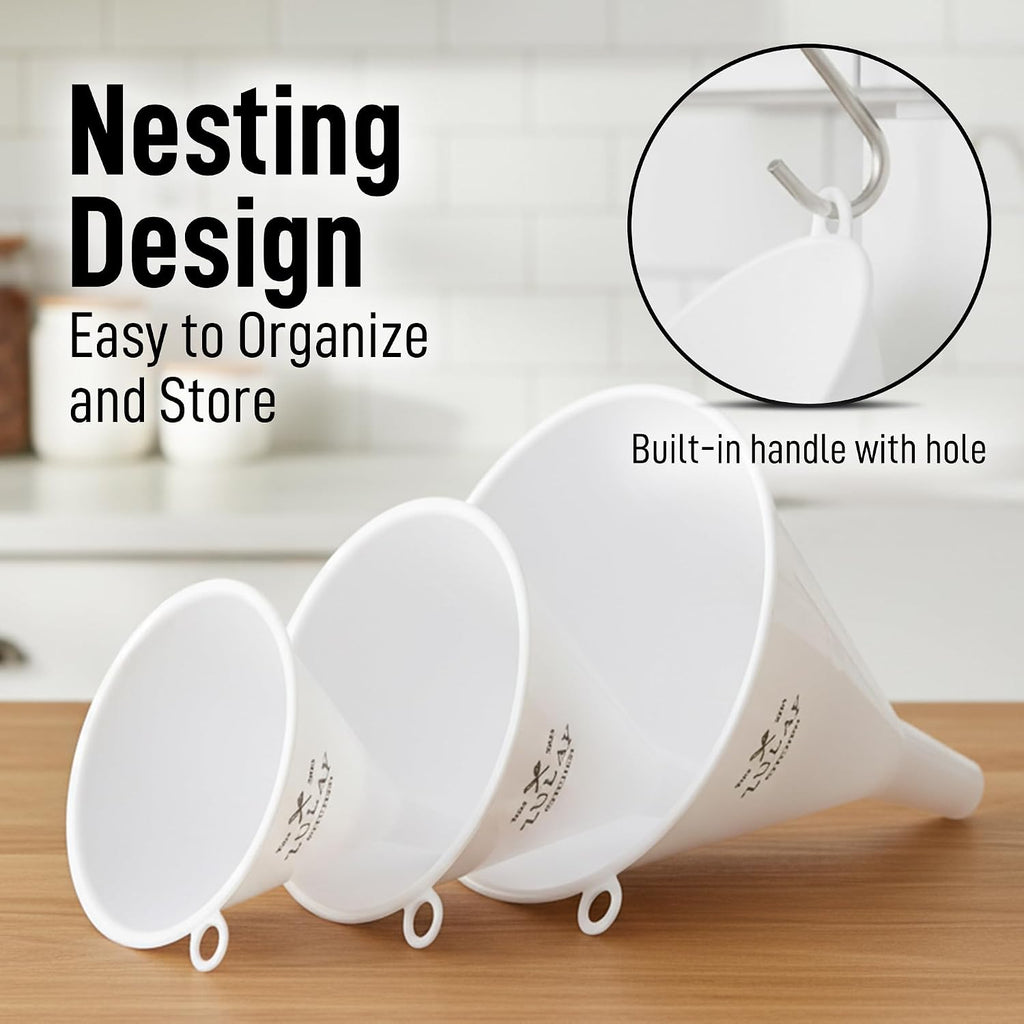 Zulay Kitchen 3-Piece Plastic Funnel Set - Large, Medium, And Small Kitchen Funnels Pouring Spout - For Filling Bottles Water Liquid, Protein Powder, Food Grade Cooking, Drink, Paint, Lotion, Kids