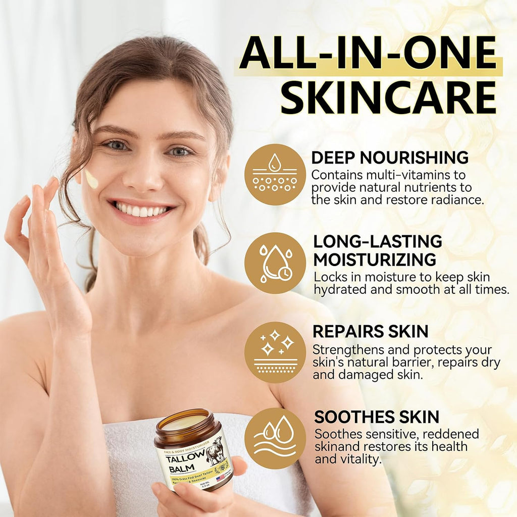 Veakoo Beef Tallow For Skin, Organic Whipped Tallow And Honey Balm, Grass Fed Beef Tallow Face Moisturizer, Natural Tallow Skin Care Cream Body Butter, Nourish And Soothe Dry Skin