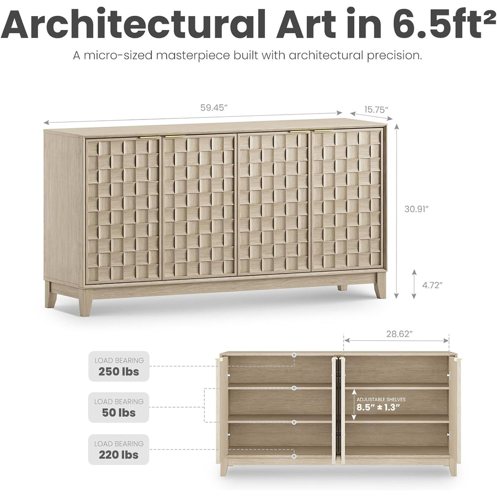 Colamy Fluted Sideboard Cabinet With Storage – Solid Wood Buffet For Dining Room, Credenza Console With Adjustable Shelves, Walnut Finish, Mid Century Modern Style,Oak White