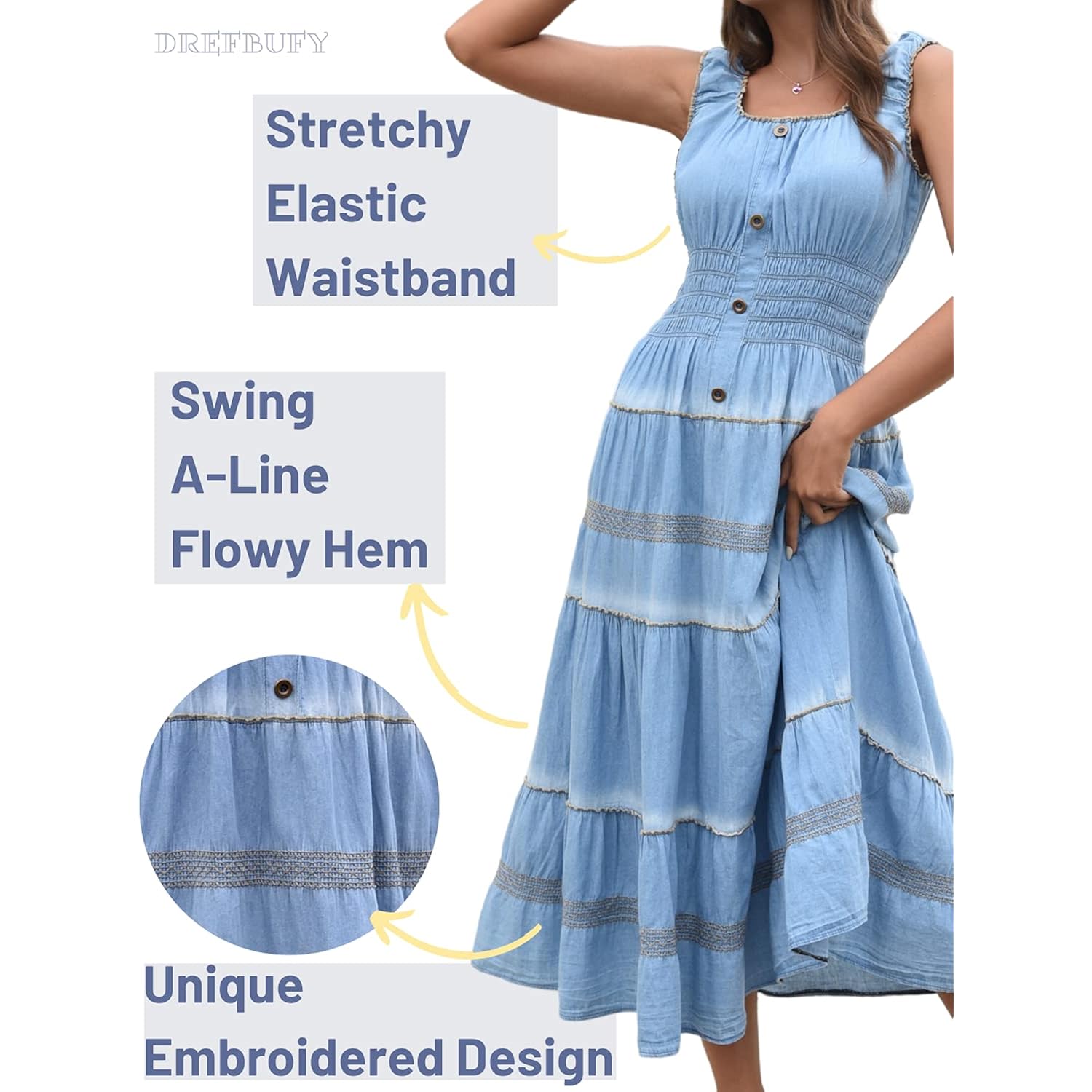 Womens Denim Maxi Dress Sleeveless Summer Casual Blue Cotton Boho Flowy Long Jean Sundresses For Women