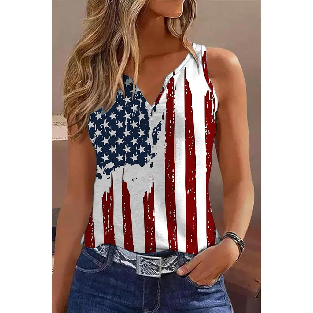 Ovazly Women 4th of July V-Neck Tank Tops American Flag Print Vest USA Flag Sleeveless Tee Patriotic Summer Shirts