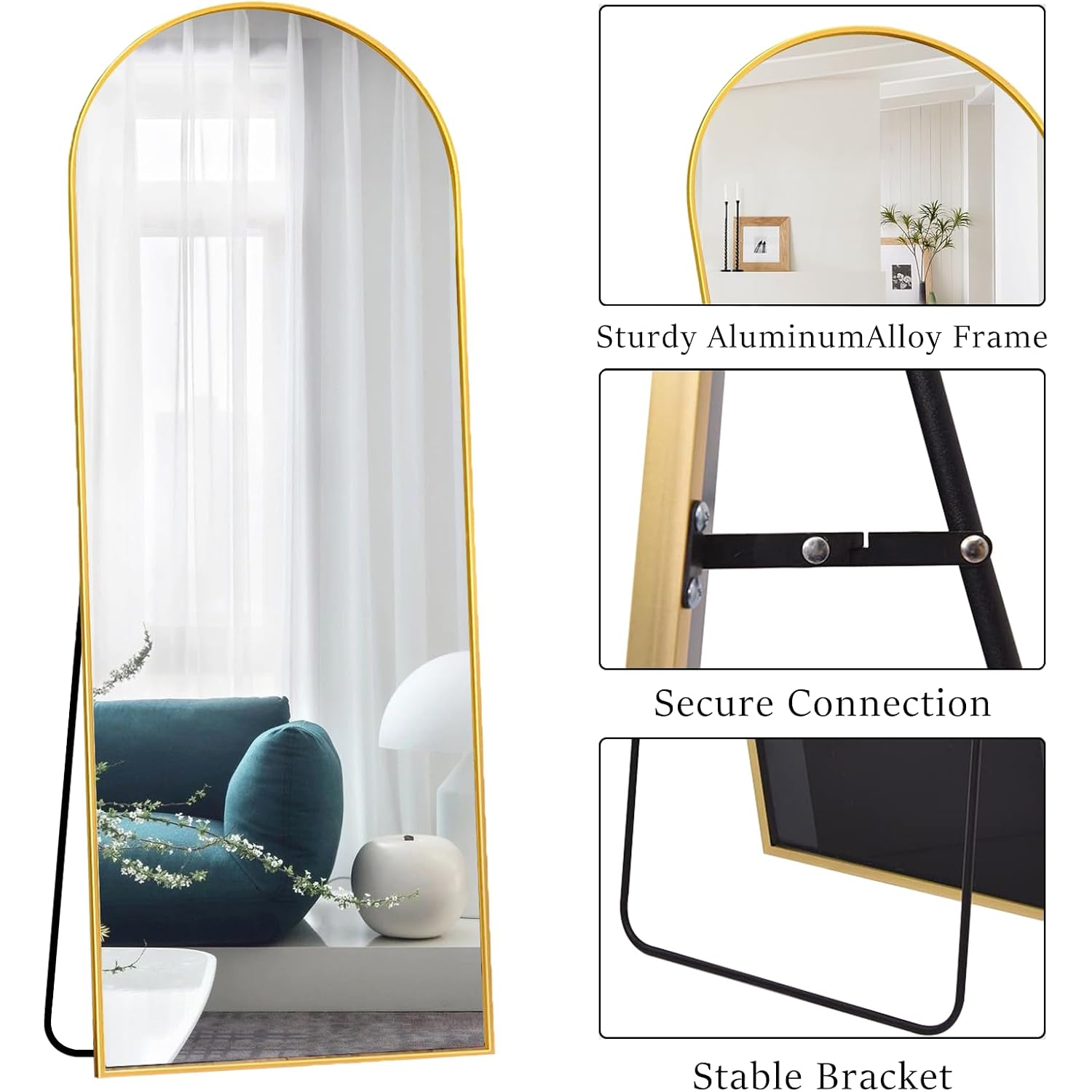 Ogcau Full Length Mirror, 70"X26" Arched Full Body Floor Mirror With Stand, Hanging Or Leaning, Standing, Wall Mounted With Aluminum Frame For Bedroom Living Room (Gold)