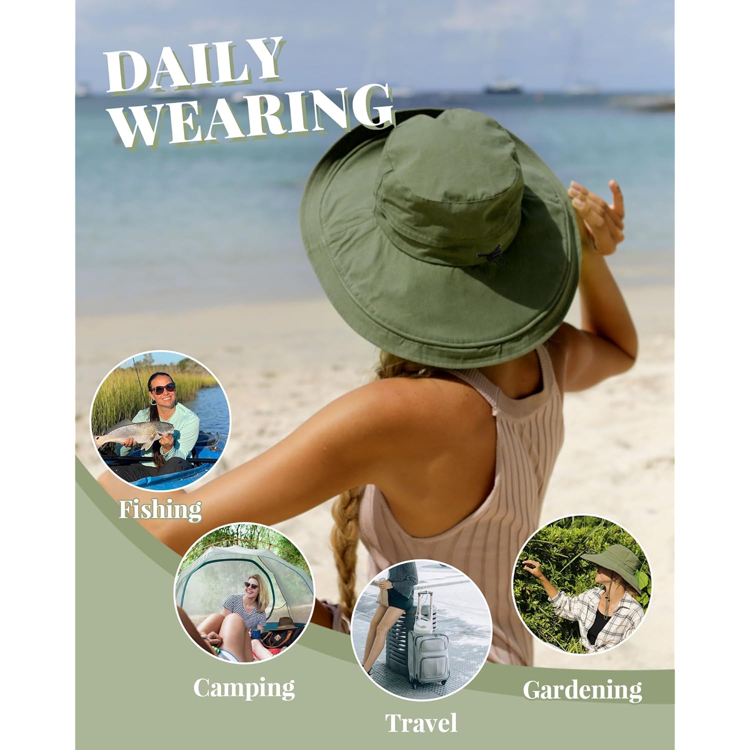 Sun Hats for Women Gardening Hat Wide Brim Ponytail Beach Sun Protection Breathable Cotton Summer Hat with Fold-Up Brim