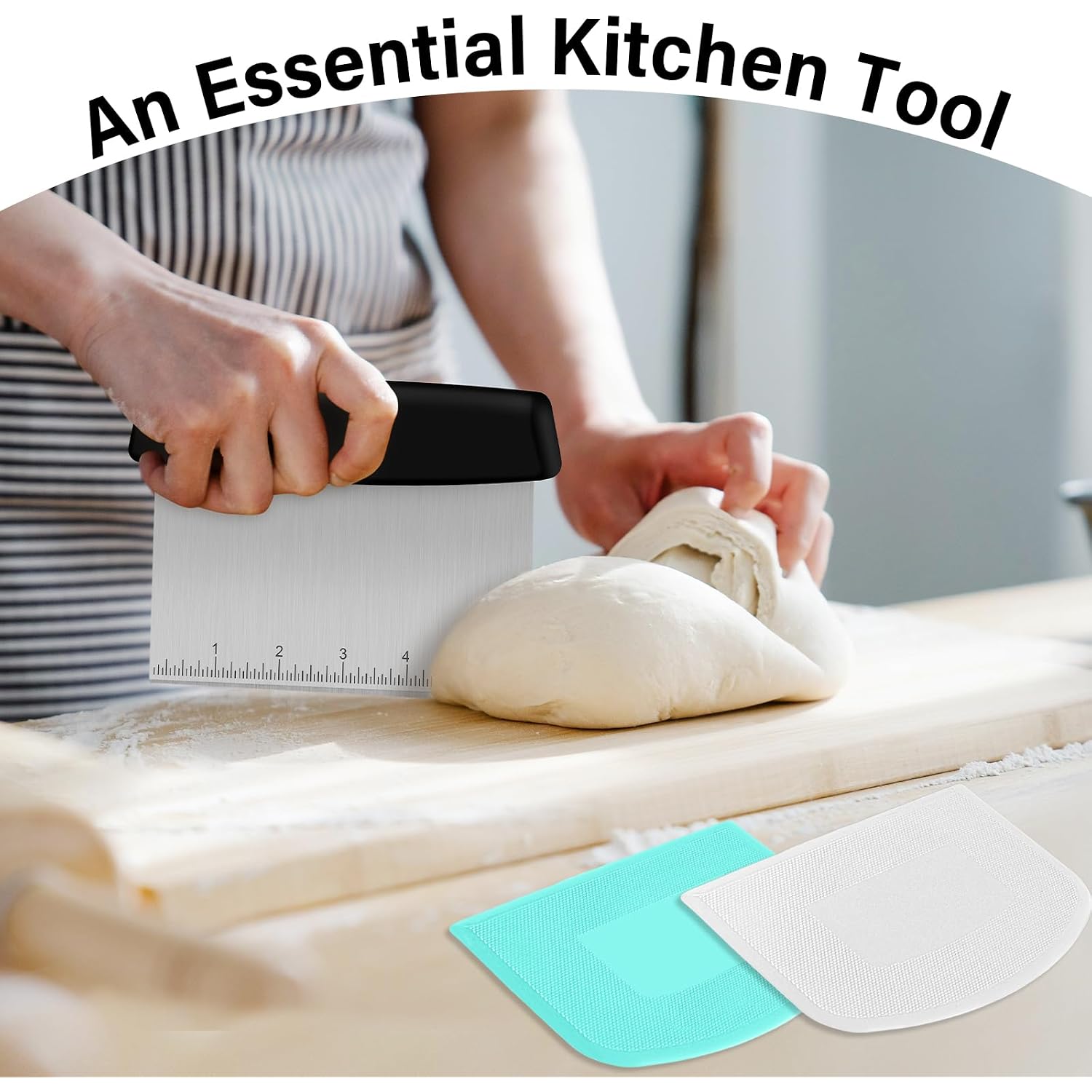 Ecavria Bench Scraper, Premium Stainless Steel Dough Scraper With 2 Pcs Flexible Bowl Scraper, Dough Cutter With Measuring Scale, Versatile Kitchen Scraper Set For Pastry Bread Pizza Cake