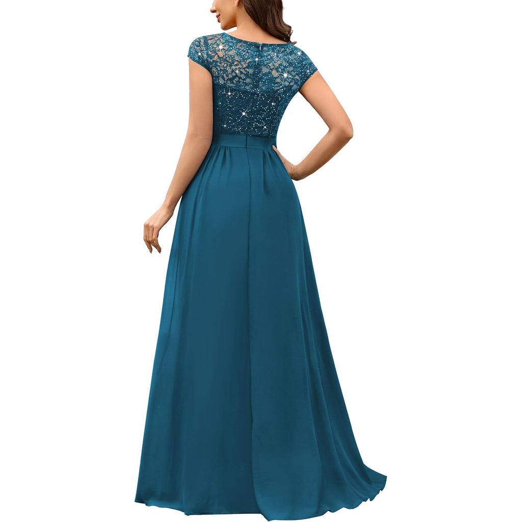 Miusol Women'S Elegant V-Neck Cap Sleeve Sequined Floral Lace Formal Party Maxi Dress