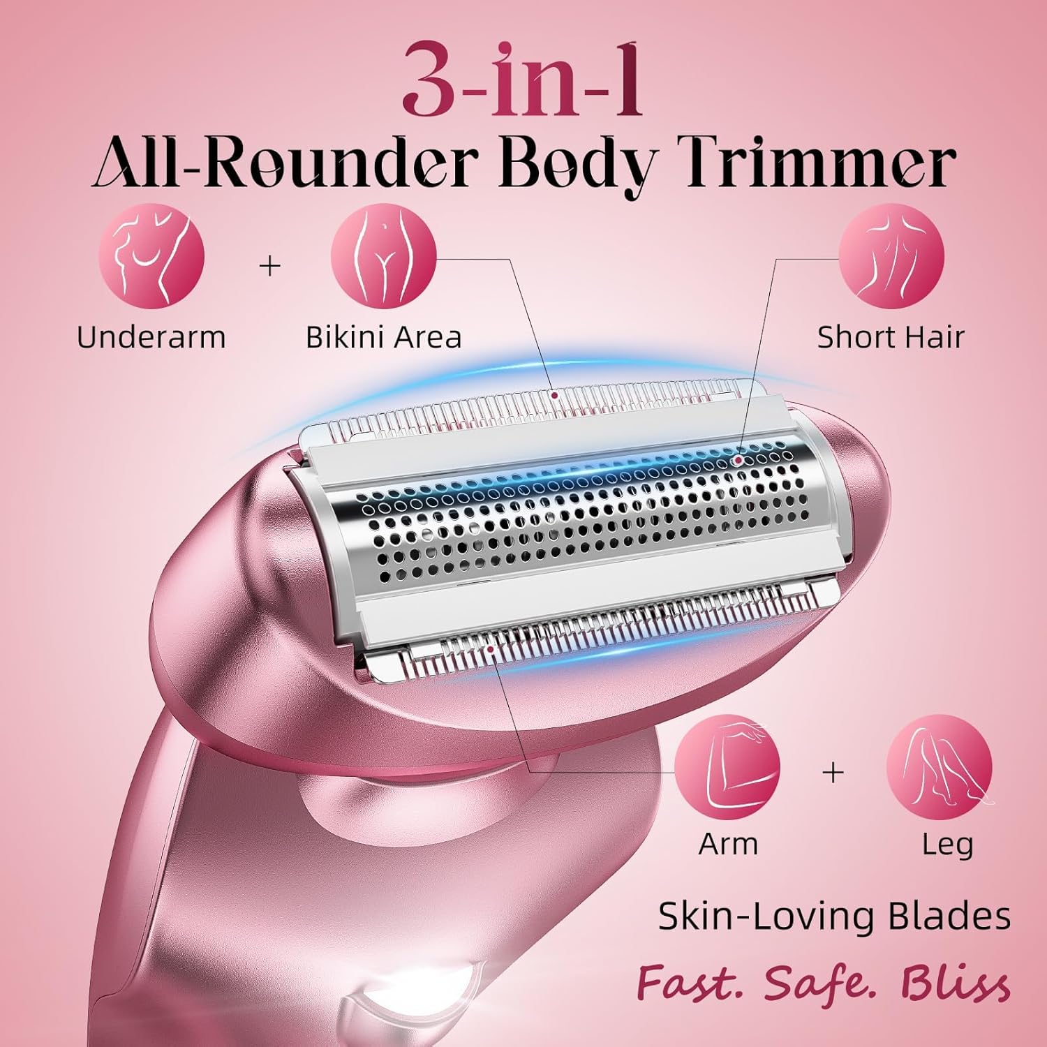 Cordless Electric Razors for Women: Rechargeable Painless Bikini Trimmer for Body Hair - IPX7 Waterproof Shaver with LED Display for Face/Underarm/Leg Light Pink Upgraded