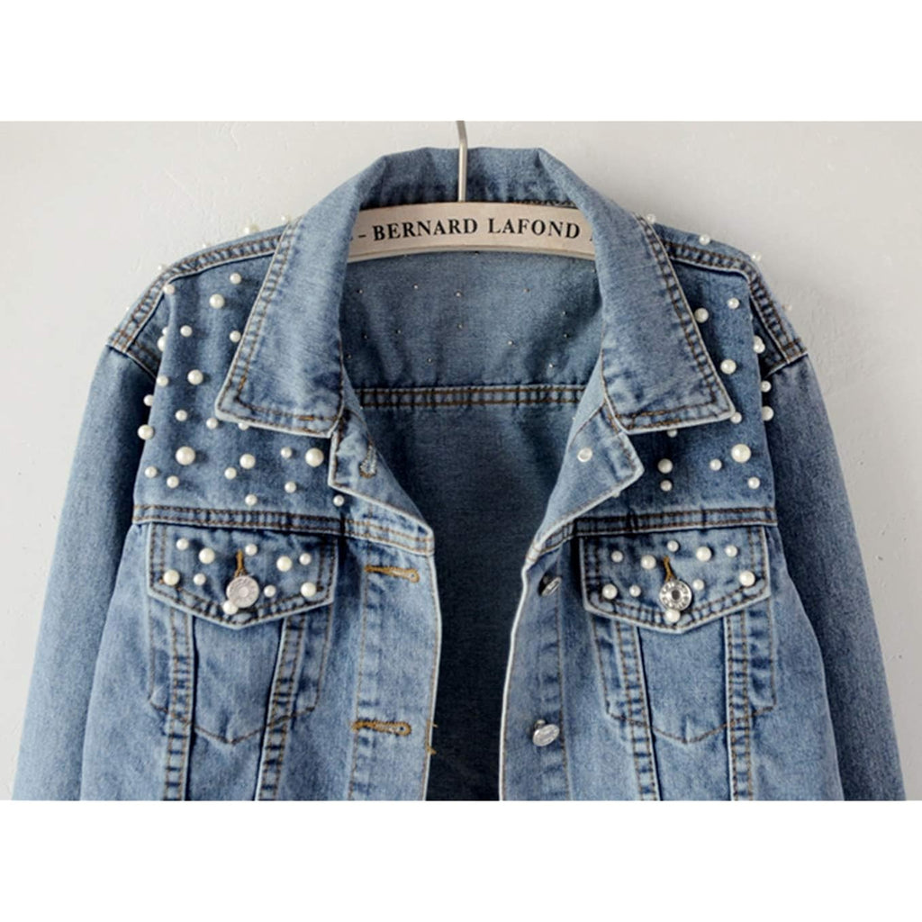 Women Oversized Denim Jacket Embroidered Pearls Beading Jeans Coat