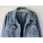 Women Oversized Denim Jacket Embroidered Pearls Beading Jeans Coat