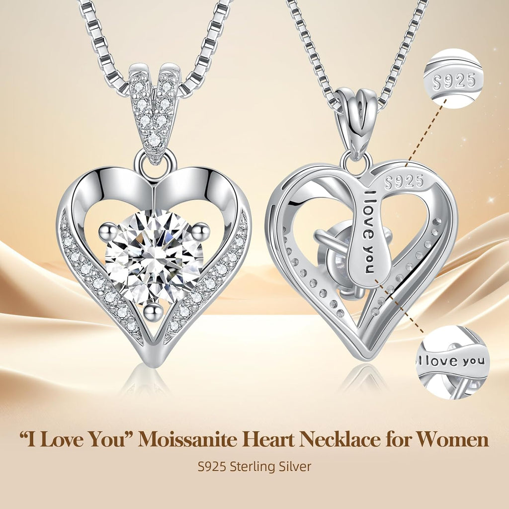 KRZ 1-3CT Moissanite Heart Necklaces for Women Wife, S925 'I LOVE YOU' Women's Jewelry, Anniversary Birthday Gifts for Women, Birthday Gift Ideas for Wife, Women's Necklaces for Her Girlfriend