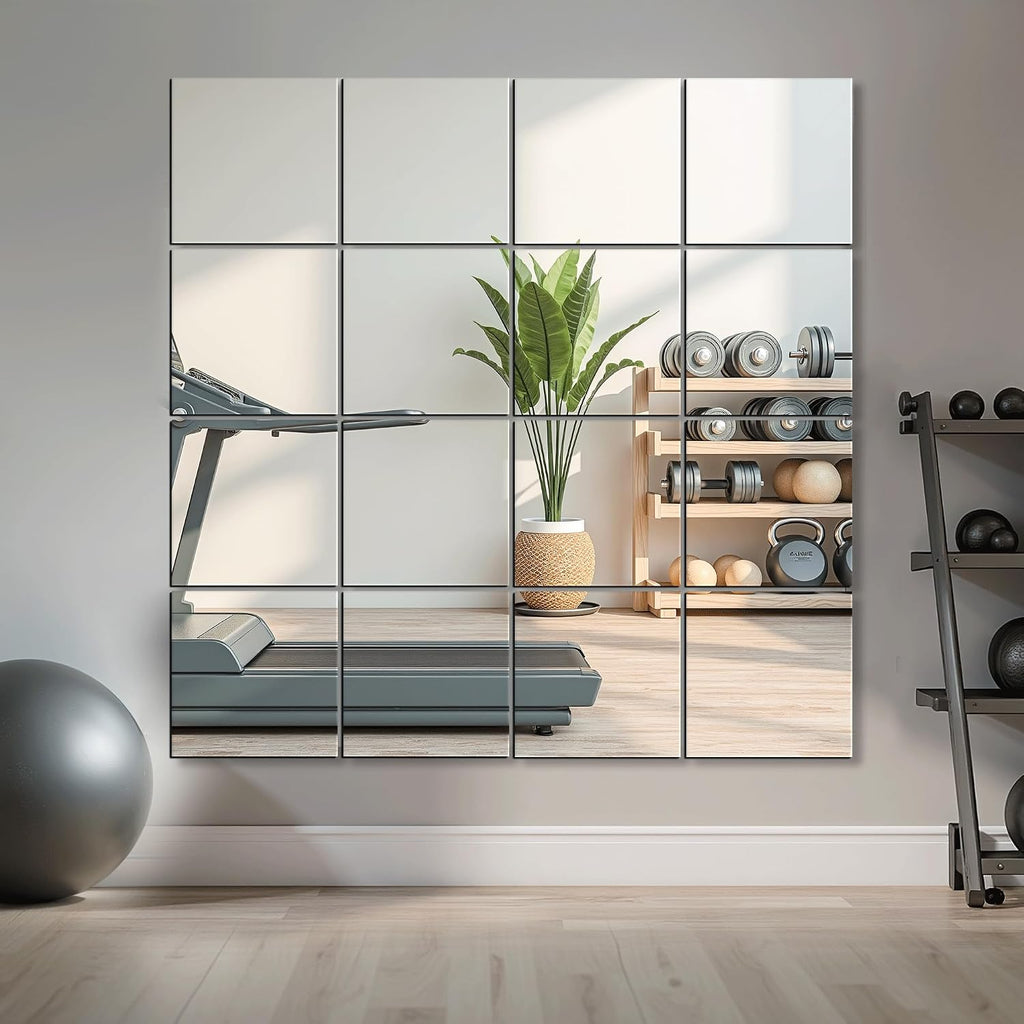 Home Gym Mirrors, 12'' X 12'' Glass Mirror Tiles, 16 Pcs | Square Large Wall Mirror, For Home Gym, Bedroom, Door, Bathroom, Frameless Mirror Sets