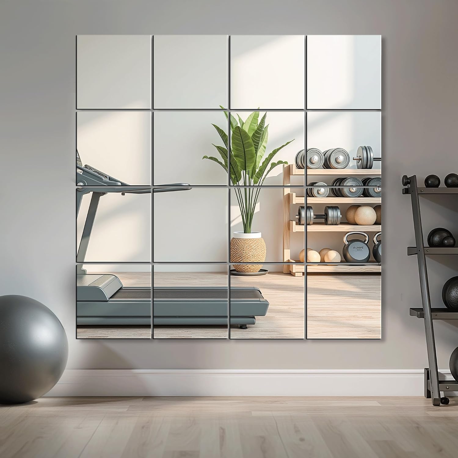 Home Gym Mirrors, 12'' X 12'' Glass Mirror Tiles, 16 Pcs | Square Large Wall Mirror, For Home Gym, Bedroom, Door, Bathroom, Frameless Mirror Sets