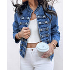 Chicme Denim Jacket For Women Button Up Stand Collar Jeans Jacket Casual Long Sleeve Lightweight Fall Coat