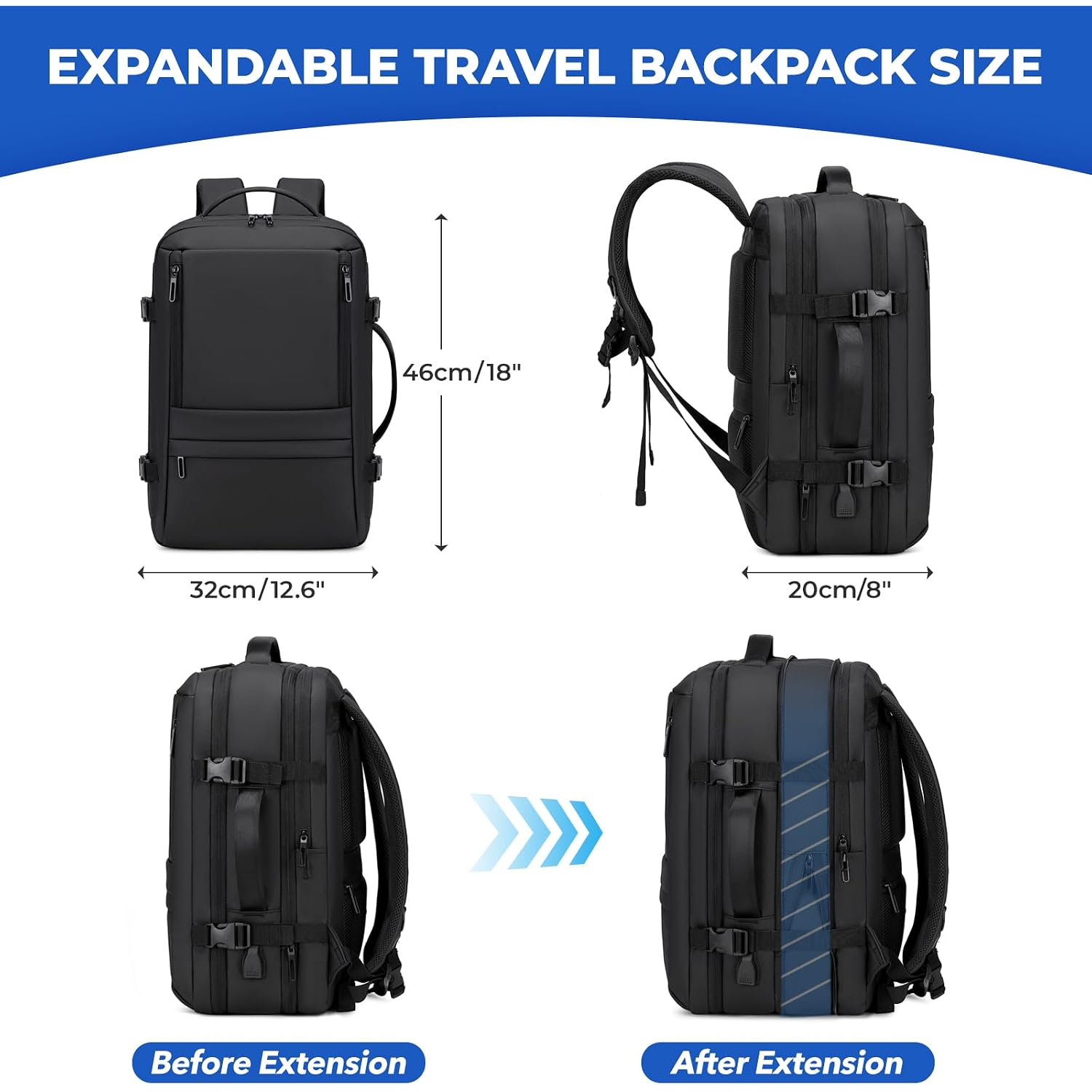 Carry On Travel Backpack Flight Approved For Men Women, Black | Expandable, Business Weekender Bag, 40L, Suitcase Backpack Luggage