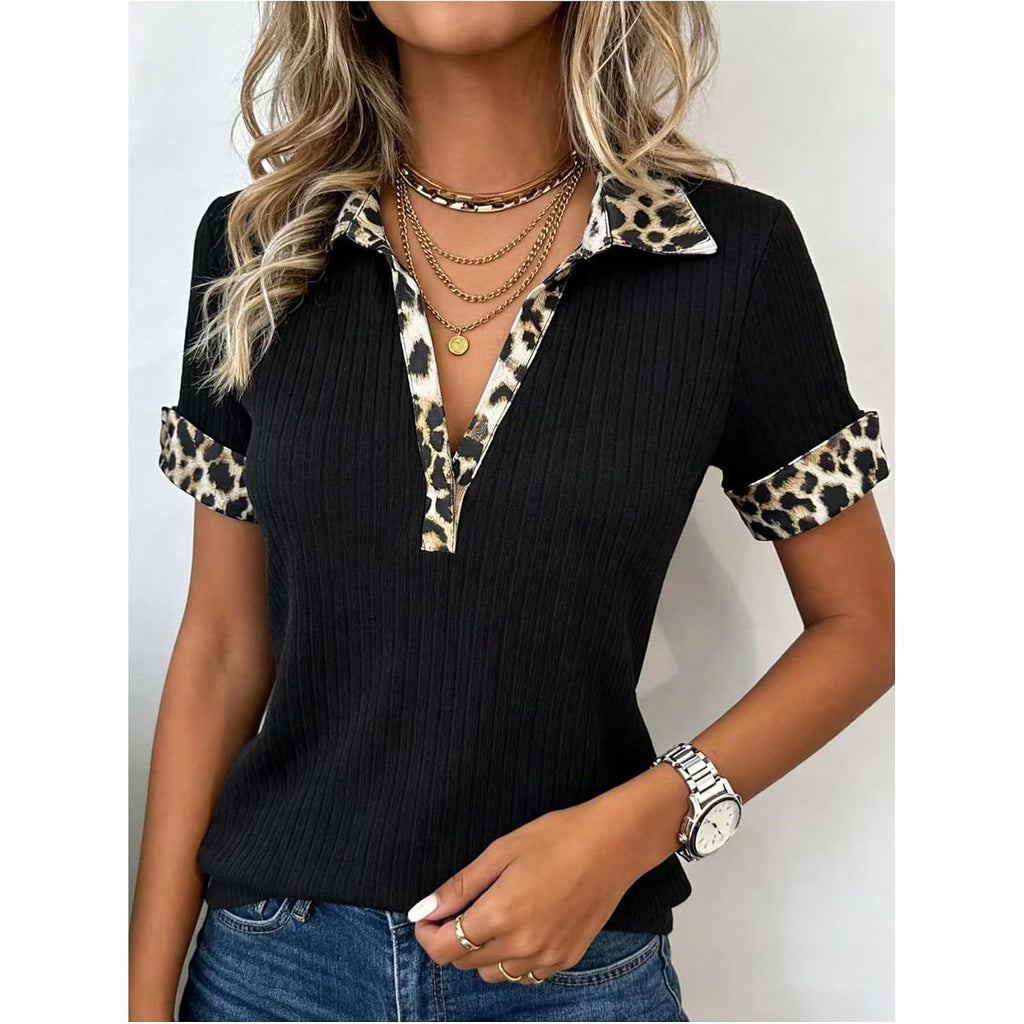 Soly Hux Women'S Leopard T Shirt Collared V Neck Short Sleeve Ribbed Knit Tee Fitted Summer Casual Tops