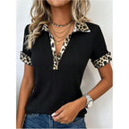 Soly Hux Women'S Leopard T Shirt Collared V Neck Short Sleeve Ribbed Knit Tee Fitted Summer Casual Tops