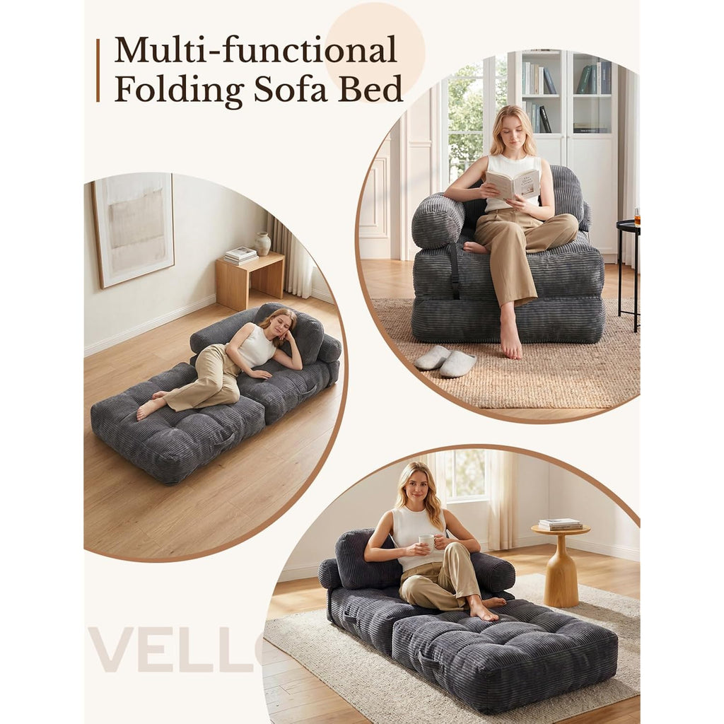 Folding Sofa Bed, L-Shaped Couch Back Support And Arm Pillow Futon
