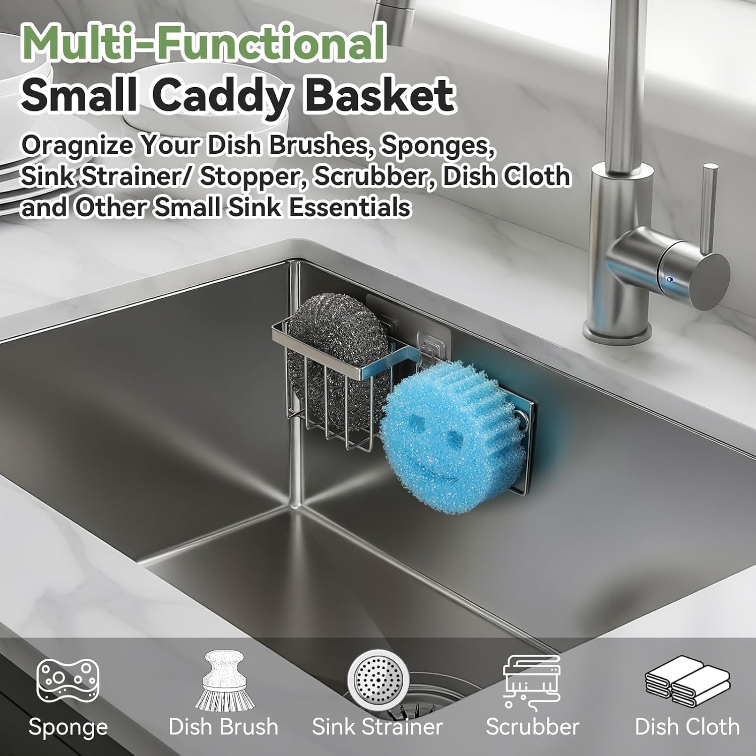 [Space Saving] Sponge Holder For Kitchen Sink, Great For Scrub Daddy / Scrub Mommy Sponges, Rust-Proof Sink Sponge Caddy Organizer For Dish Brush, Scrubber - 2 Mounting Options (Suction Cups & Hooks)