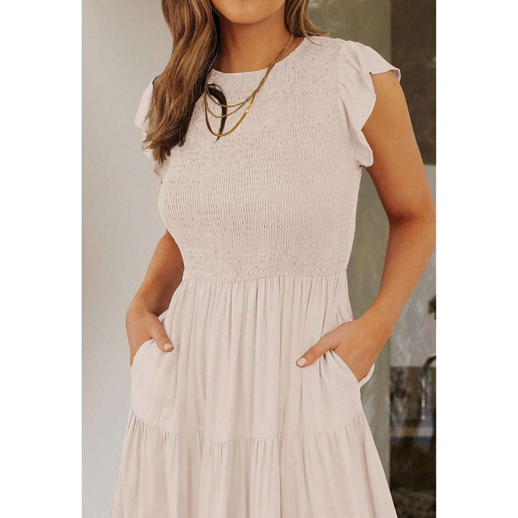 Zesica Women'S 2026 Summer Casual Flutter Short Sleeve Crew Neck Smocked Elastic Waist Tiered Midi Dress