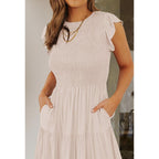 Zesica Women'S 2026 Summer Casual Flutter Short Sleeve Crew Neck Smocked Elastic Waist Tiered Midi Dress
