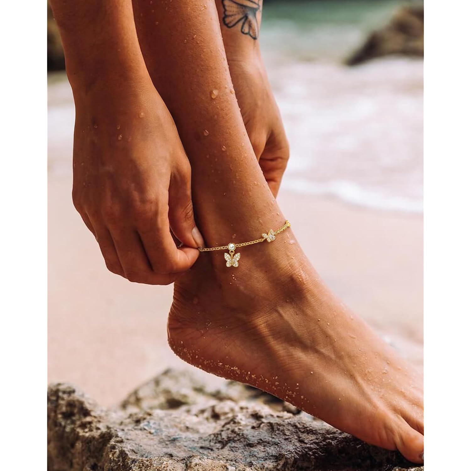 Anklets for Women Waterproof 14K Gold Plated Cz Beach Ankle Bracelets Dainty Summer Butterfly Clover Heart Bow Anklet Non Tarnish Layered Beach Jewelry Accessories for Women Trendy