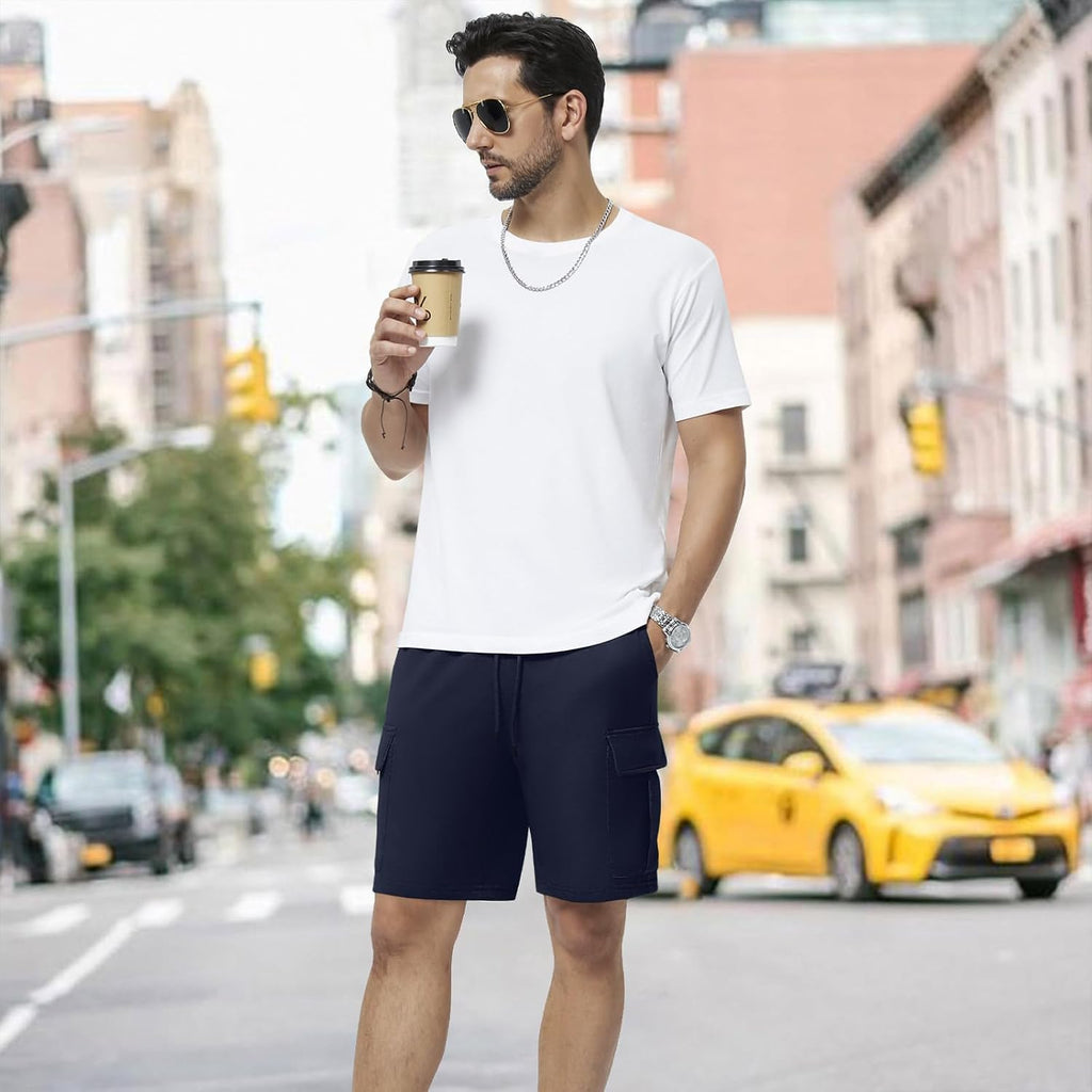 Mens Casual Sweat Cargo Cotton Shorts Drawstring Elastic Waist Athletic Workout Gym Jogger Shorts With 5 Pockets