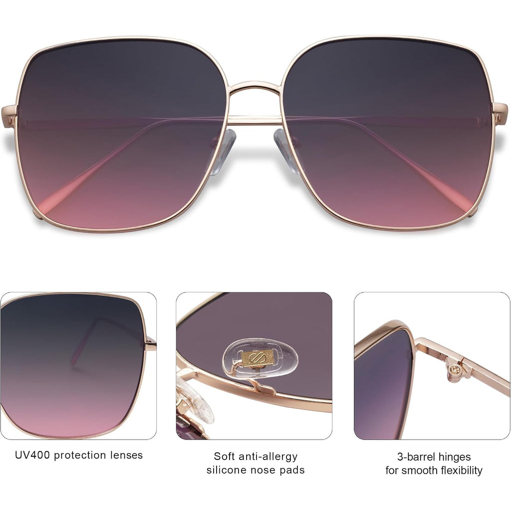 SOJOS Trendy Oversized Square Metal Frame Sunglasses for Women Men Retro Big Flat Lens UV Protection Sunglasses SJ1146 Gold/Gradient Greyish-purple