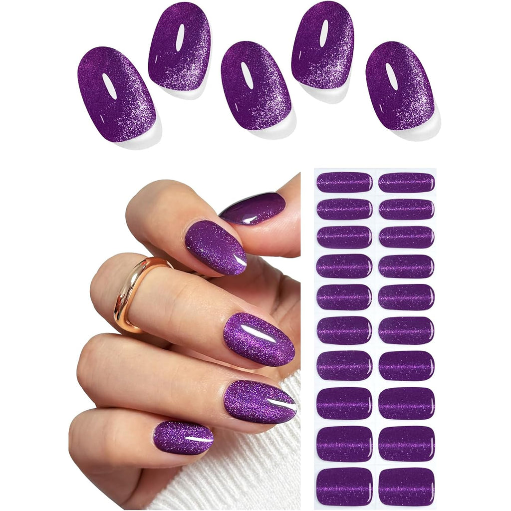 Semi Cured Gel Nail Strips, Purple Cat Eye 20pcs Adhesive UV Sticker, Wraps for Home Manicure DIY