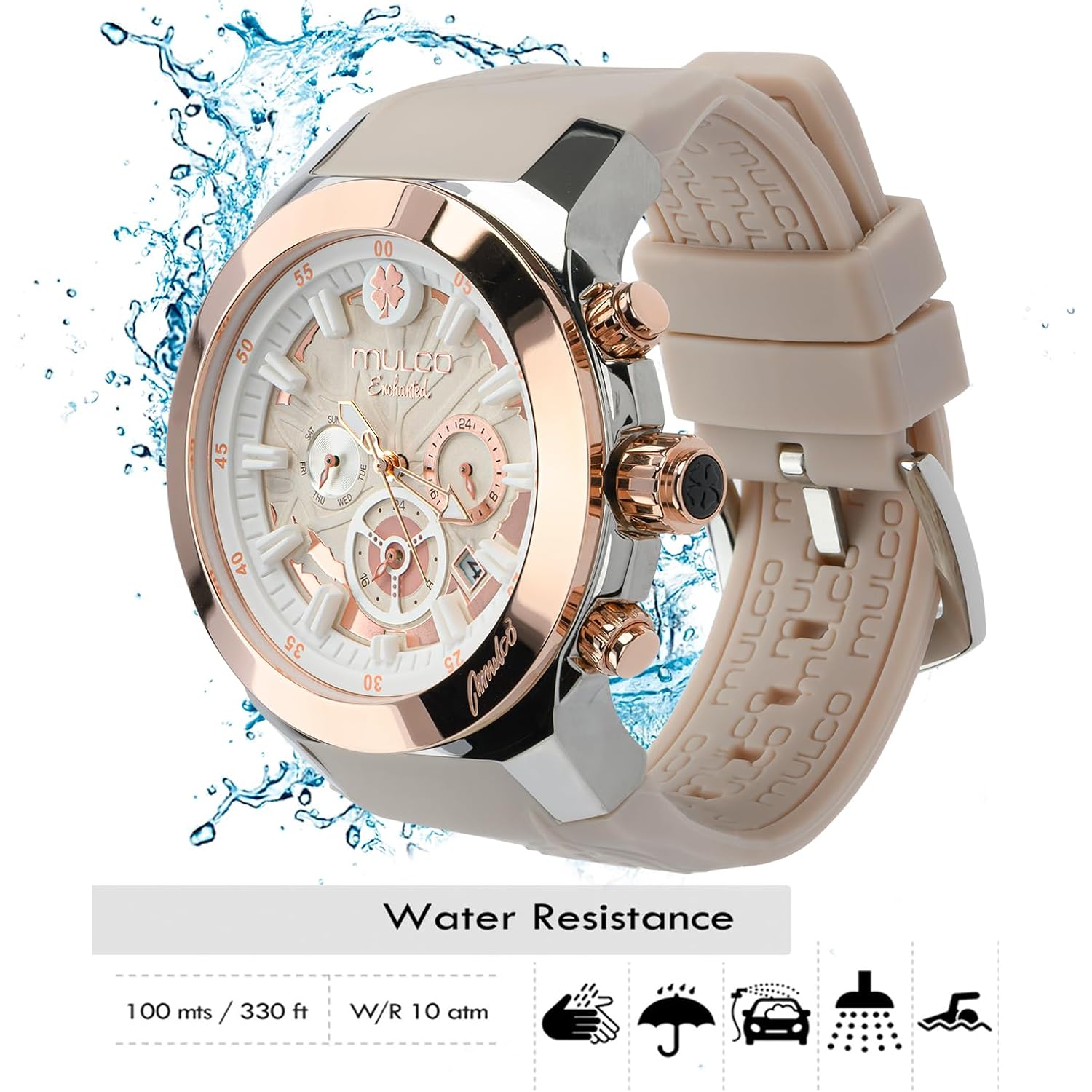 Mulco Luxury Watch For Women, Enchanted Maple - Silver Stainless Steel Case With Wrist Silicone Band, Large Face With Mother Of Pearl And Rose Gold, Quartz Analog Movement, Waterproof
