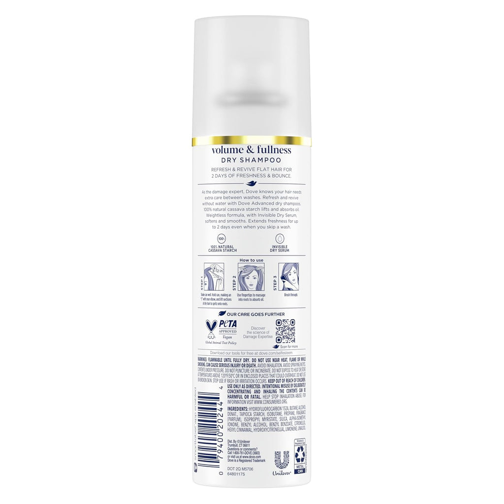 Dove Dry Shampoo Spray, Volume & Fullness, Absorbs Oil To Refresh Hair Without Washing, 5 Oz (2-Pack)