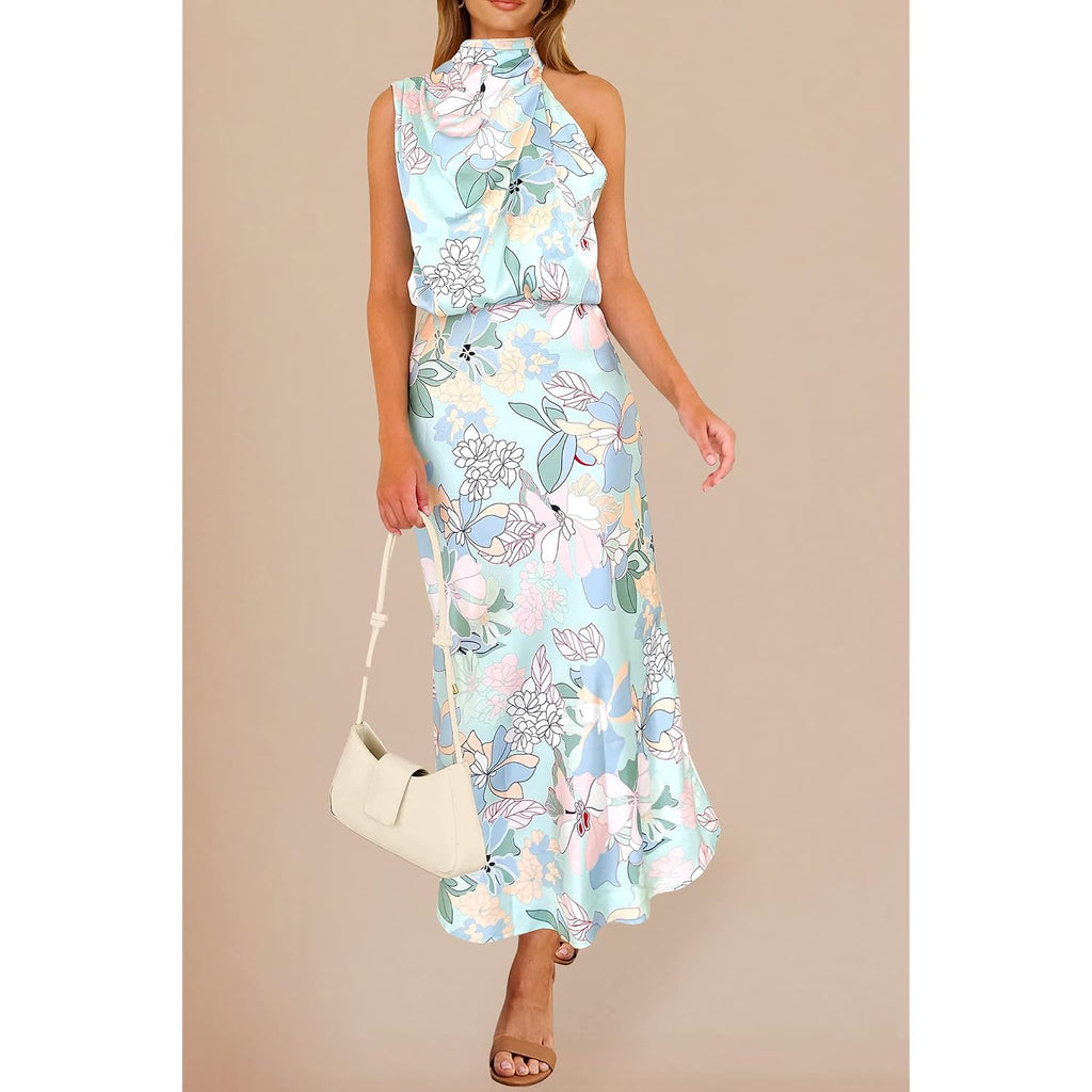 Prettygarden Women'S 2026 Summer Satin Dress Elegant Sleeveless Mock Neck Cocktail Party Maxi Dresses