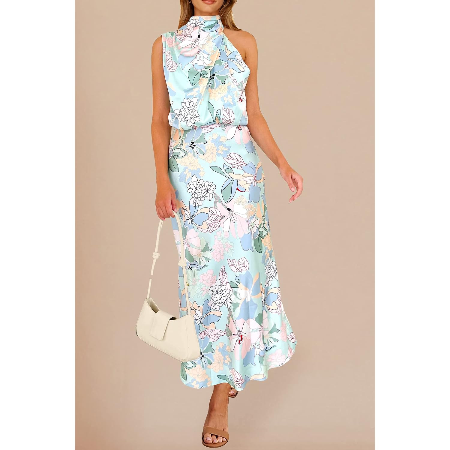 Prettygarden Women'S 2026 Summer Satin Dress Elegant Sleeveless Mock Neck Cocktail Party Maxi Dresses