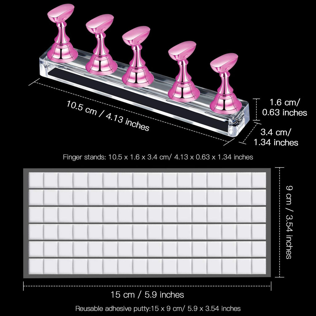 2 Set Nail Stand for Painting Press Nail Holder Acrylic Magnetic Tips Training Fingernail Display Stands DIY Crystal Holders and 96 Pieces White Reusable Adhesive Putty(Metal Pink and Silver)