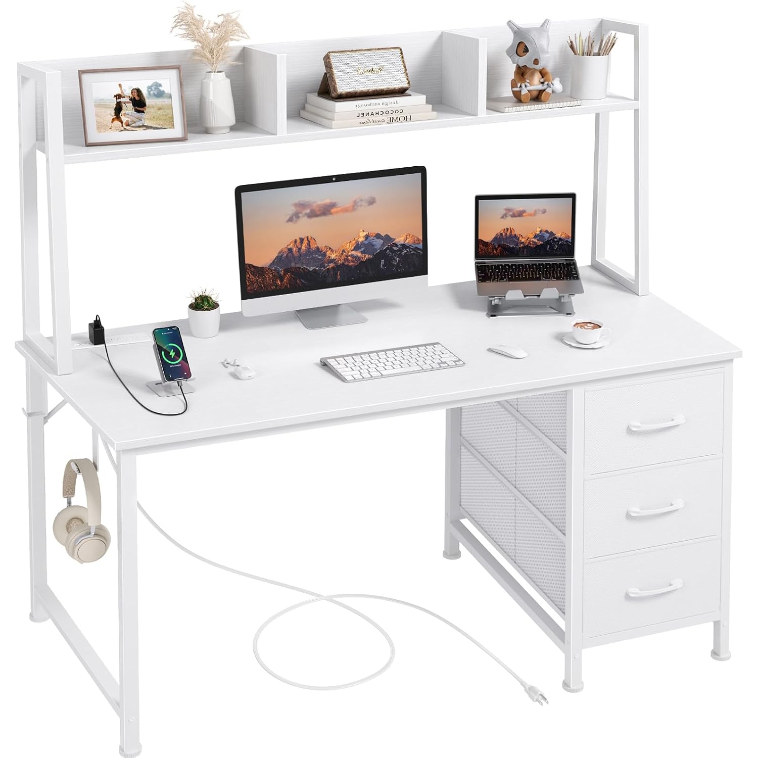 Dlisiting White Computer Desk With Hutch & Drawers - 47 Inch Modern Study Writing Office Desk With 3 Storage Drawers And Power Outlets For Bedroom Home Office