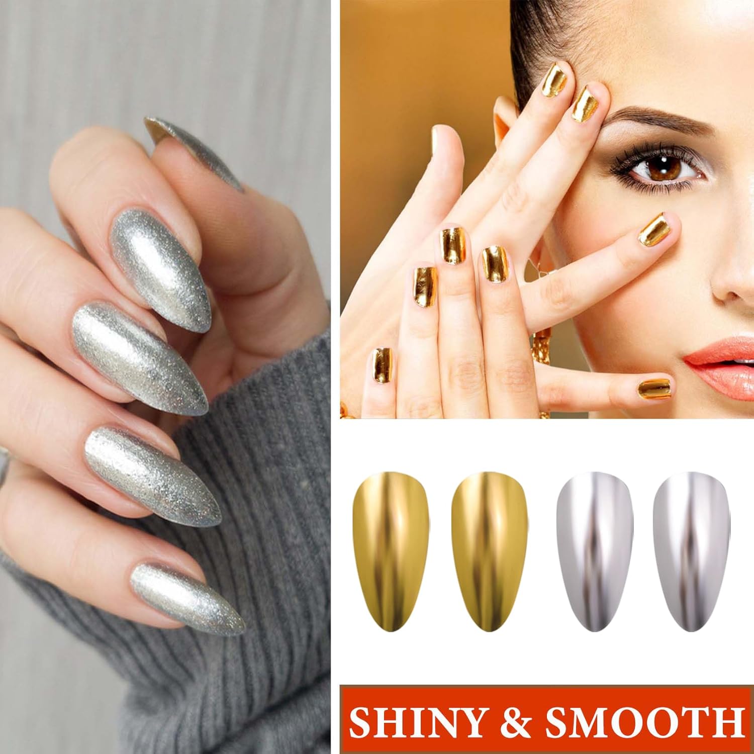 4PCS Gold Silver Chrome Nail Powder,Holographic Highly Pigmented Chrome Powder,Nail Powder Magic Art Mirror Titanium Alloy Chrome Powder Art Decoration Set