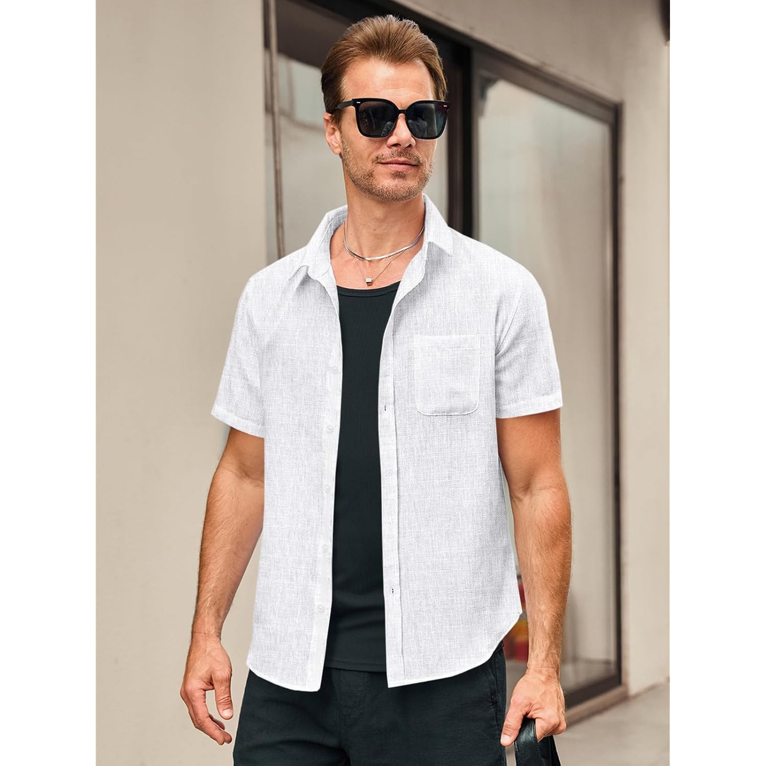 Runcati Mens Linen Button Down Shirts Casual Short Sleeve Shirt Summer Beach Wedding Tops With Pocket