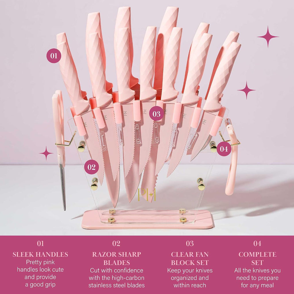 Paris Hilton Knife Block Set With Fan Style Clear Acrylic Knife Block, Premium Stainless Steel Blades With Nonstick Coating, Comfort Grip Handles, 16-Piece Set, Pink And Gold