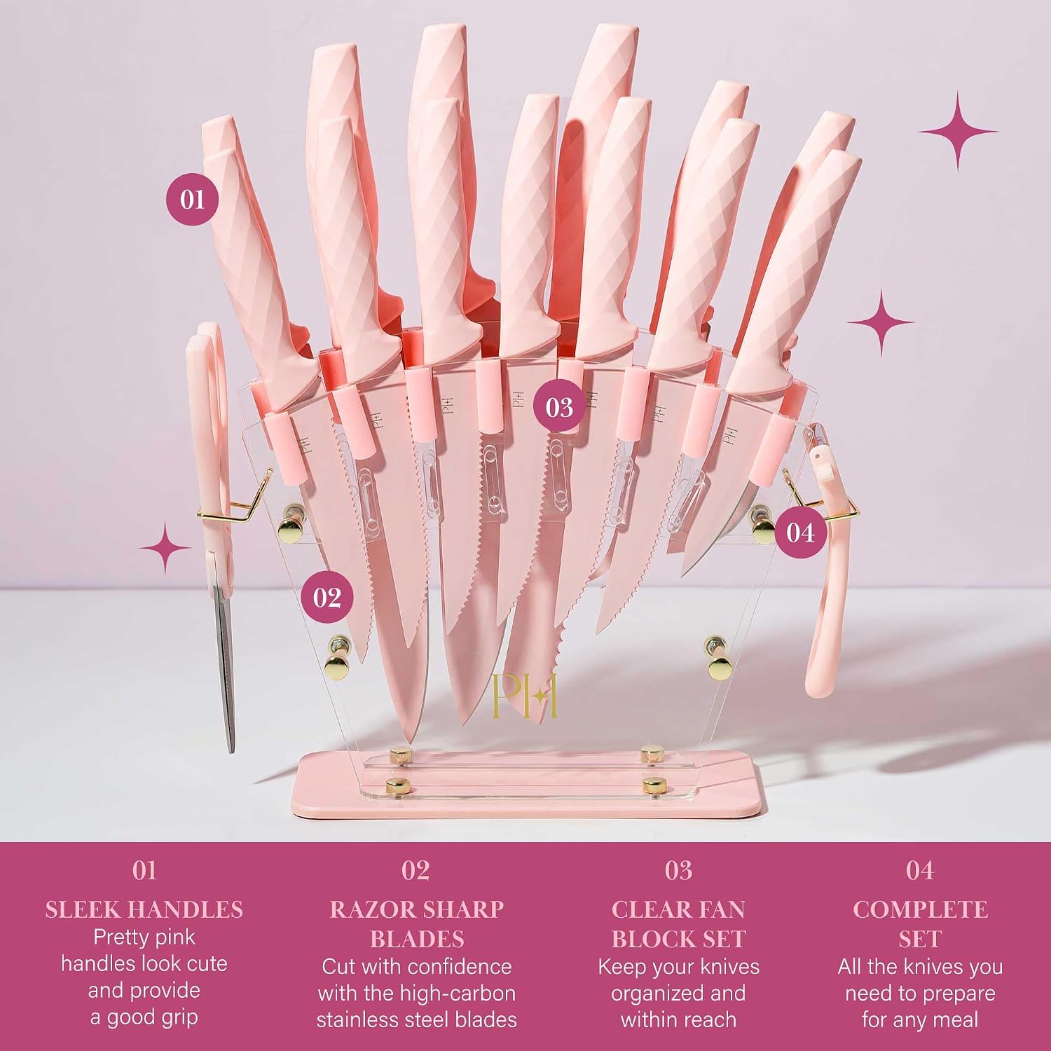 Paris Hilton Knife Block Set With Fan Style Clear Acrylic Knife Block, Premium Stainless Steel Blades With Nonstick Coating, Comfort Grip Handles, 16-Piece Set, Pink And Gold