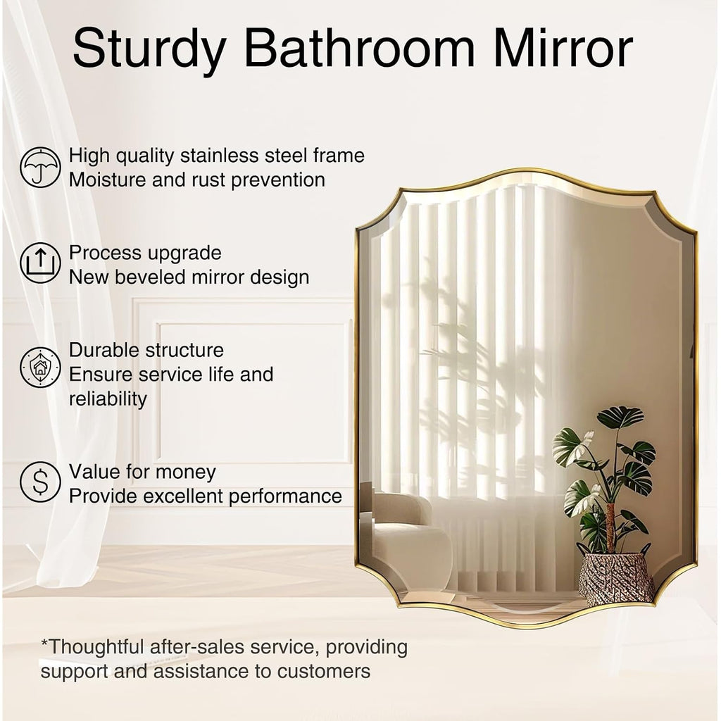 Pozino 48"X30" Large Brushed Gold Scalloped Wall Mirror With Beveled Edge | Stainless Steel Frame Hd Mirror, Horizontal/Vertical Mount, Rectangle Wavy Wall Mirror For Bathroom Vanity Entryway Bedroom