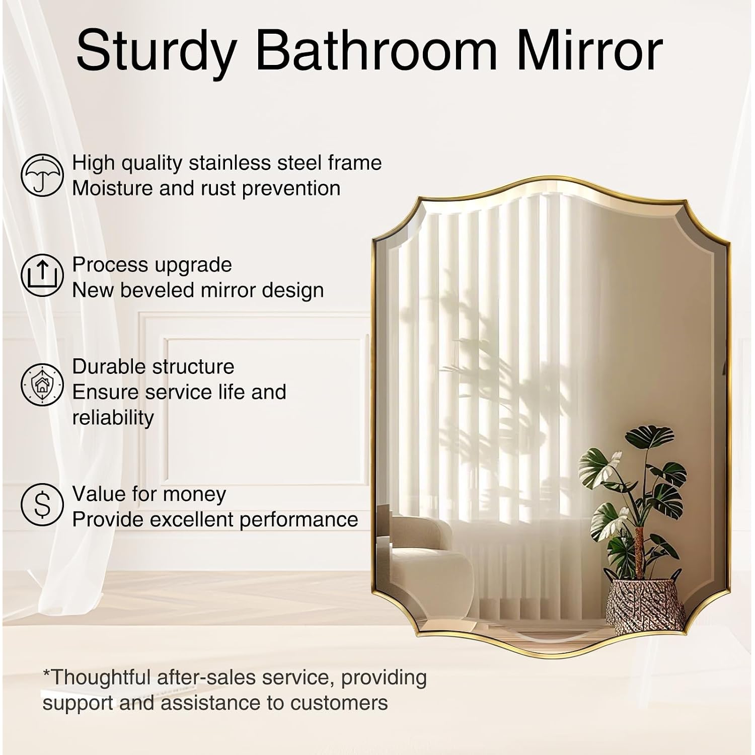 Pozino 48"X30" Large Brushed Gold Scalloped Wall Mirror With Beveled Edge | Stainless Steel Frame Hd Mirror, Horizontal/Vertical Mount, Rectangle Wavy Wall Mirror For Bathroom Vanity Entryway Bedroom