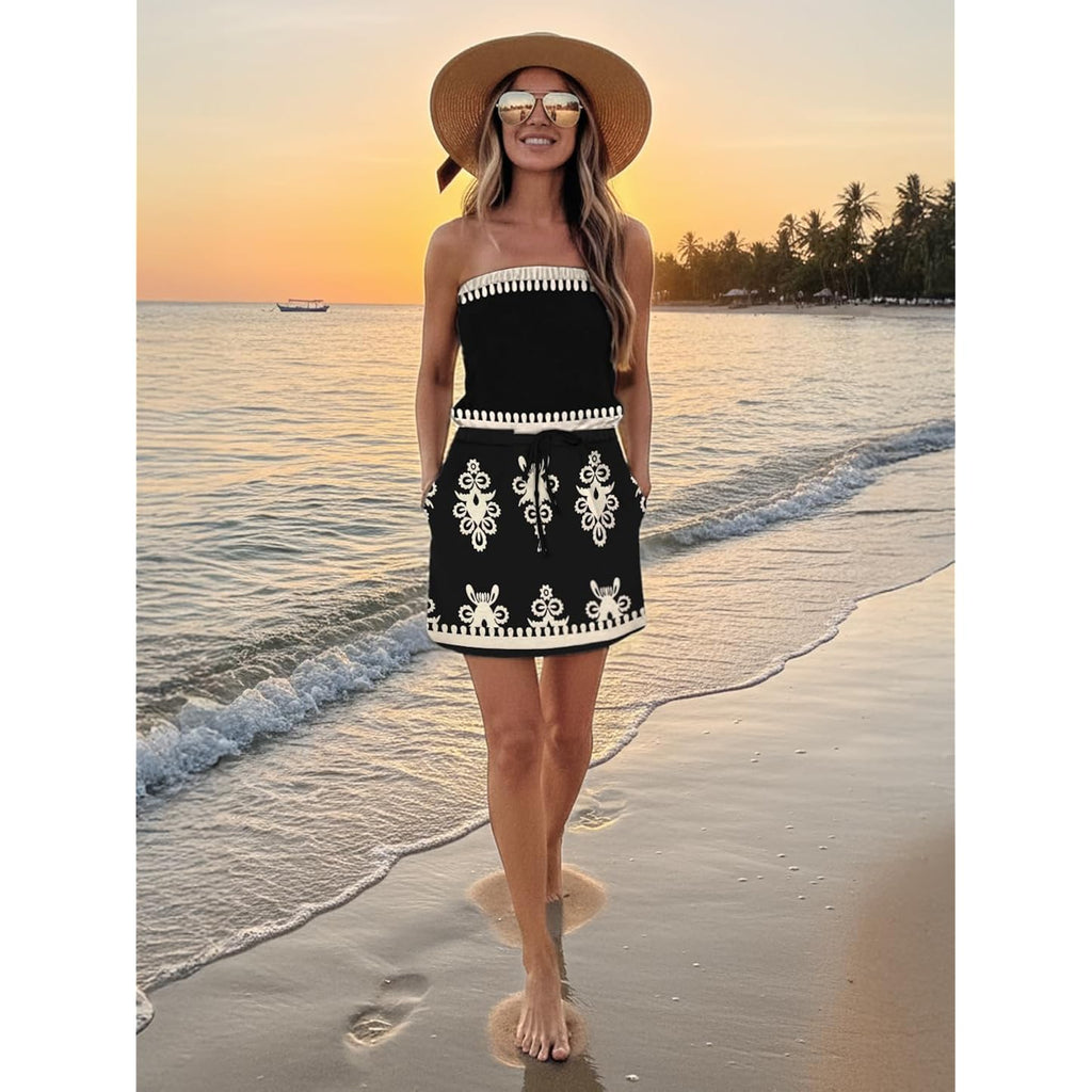 Saukole Summer Dress For Women Strapless Beach Cover Ups Boho Sundress Mini Dress Drawstring Waist With Pockets