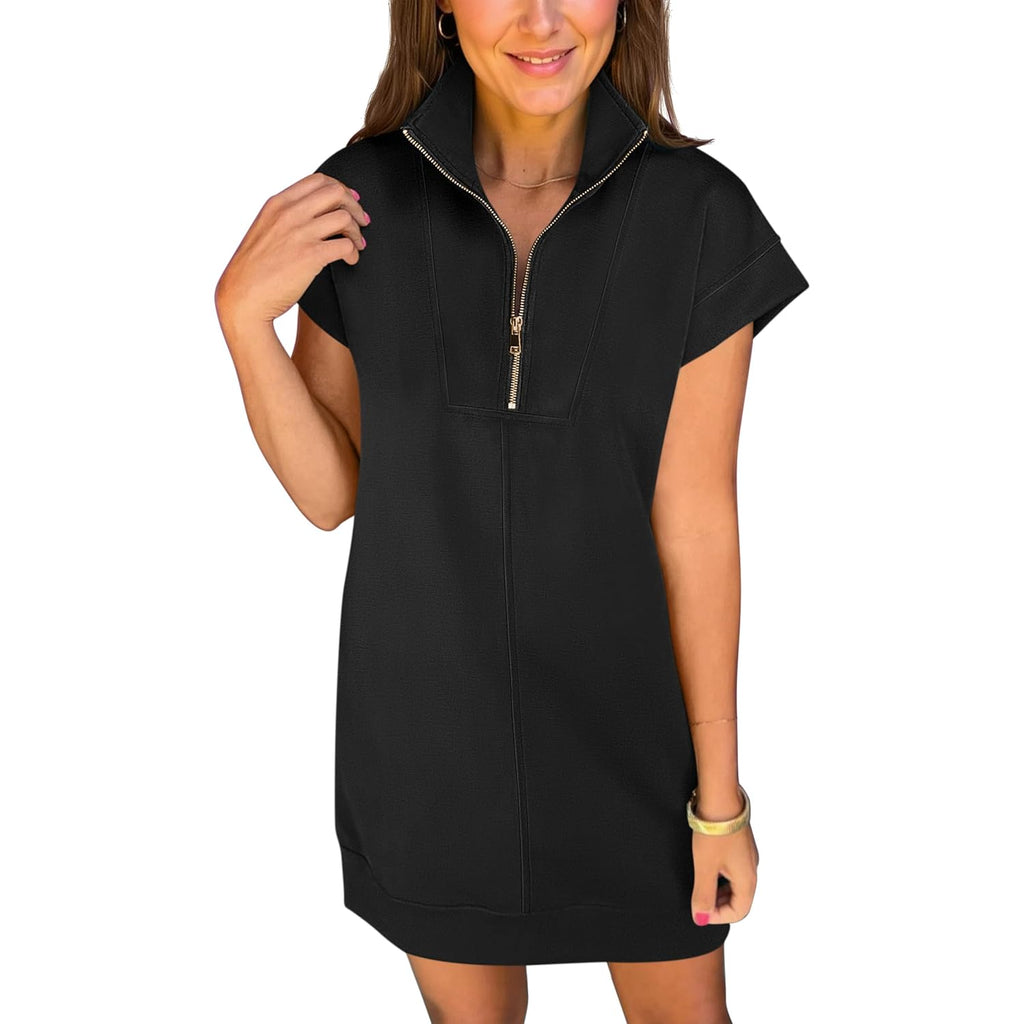 Anrabess Womens Summer Casual Half Zip Cap Sleeve Trendy Wrinkle-Free Tshirt Dress 2026 Spring Beach Vacation Short Dresses