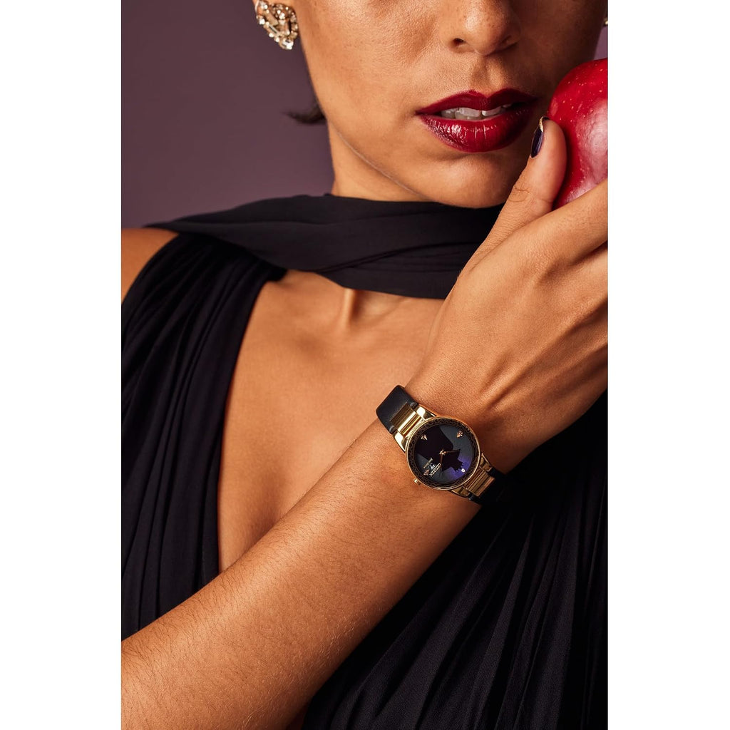 Citizen Ladies' Eco-Drive Disney Villians Evil Queen Gold Stainless Steel Case And Black Leather Strap Watch And Pin Gift Set, Black Dial,Crystal Accent,Date (Model: Ga1082-46W)
