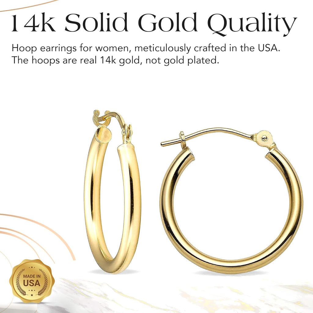 MAZZERI Solid Gold Hoop Earrings 14k Real Gold For Women and Men - Hypoallergenic, Made in the USA, Available in Yellow or White Gold