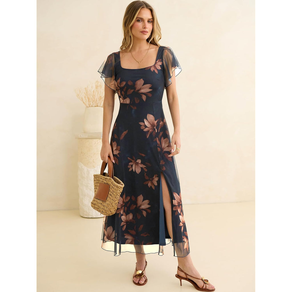 Caracilia Women Square Neck Floral Tulle Wedding Guest Bridemaid Dresses Summer Ruffle Sleeve High Slit Formal Midi Dress