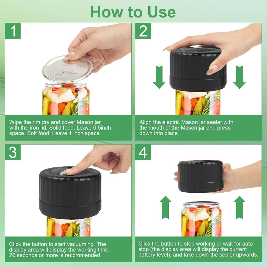 Mason Jar Vacuum Sealer, Vp06+ Electric Vacuum Sealer For Jars | Cordless Handheld Jar Vaccum Sealer With Wide And Regular Mouth Mason Lids,Ideal Present For Mom,Wife Black