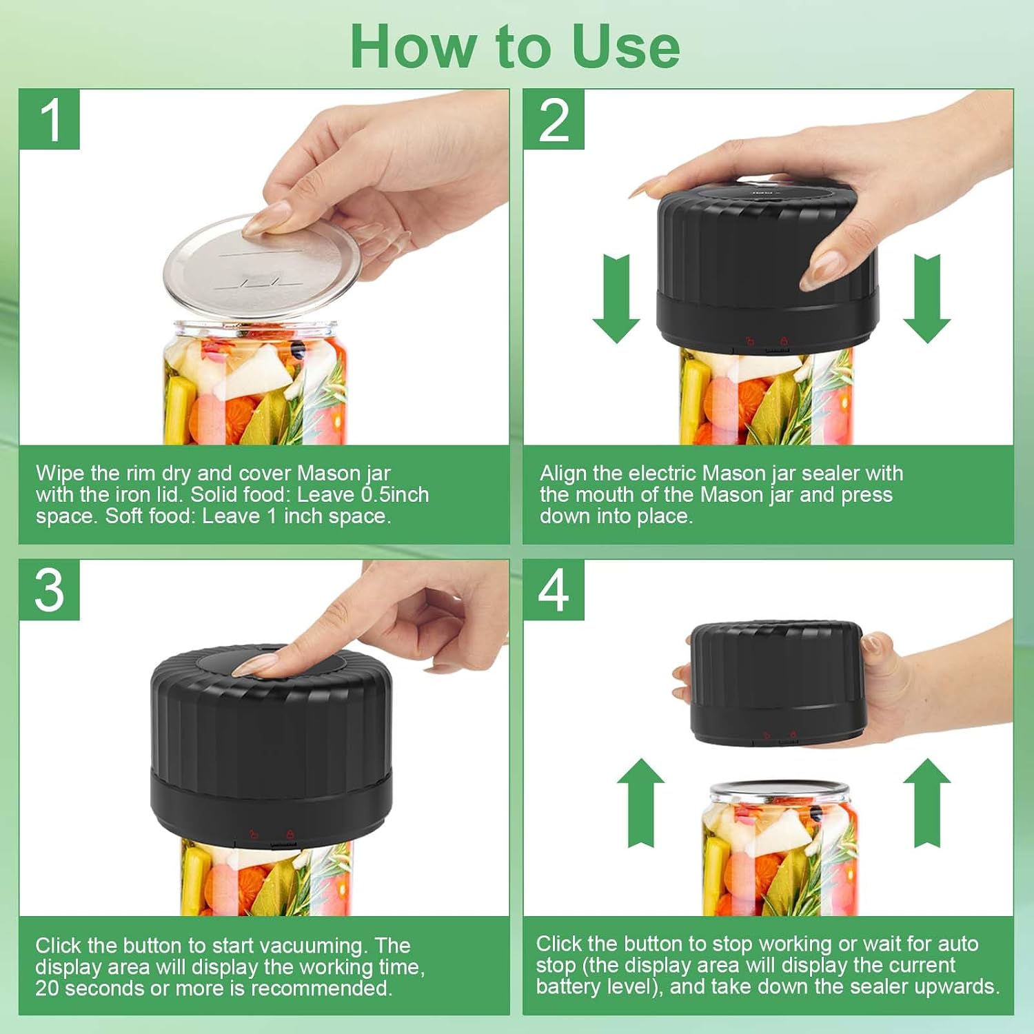 Mason Jar Vacuum Sealer, Vp06+ Electric Vacuum Sealer For Jars | Cordless Handheld Jar Vaccum Sealer With Wide And Regular Mouth Mason Lids,Ideal Present For Mom,Wife Black
