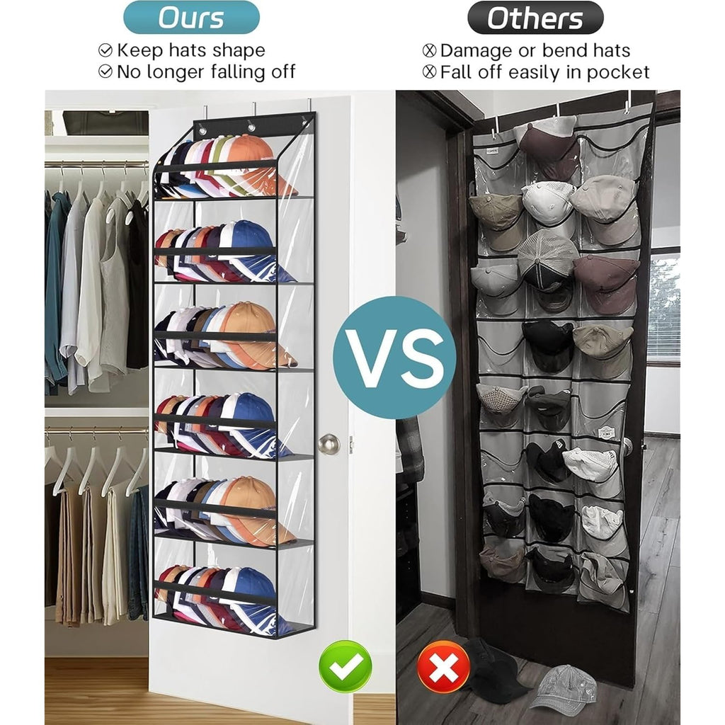 Clear Over The Door Hat Racks For Baseball Caps, Large Holds Up To 72 Caps Hat Storage Organizer For Closet Wall, Deep Pockets Hanging Hat Holder With 3 Hooks, Black