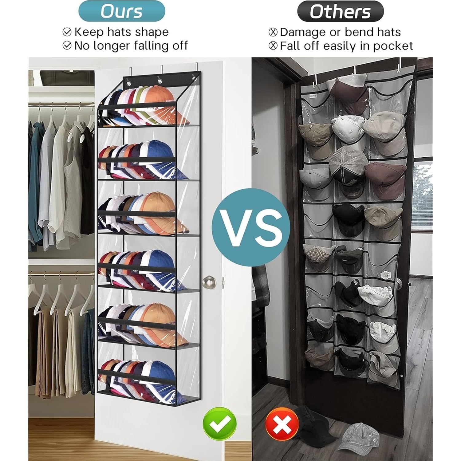 Clear Over The Door Hat Racks For Baseball Caps, Large Holds Up To 72 Caps Hat Storage Organizer For Closet Wall, Deep Pockets Hanging Hat Holder With 3 Hooks, Black