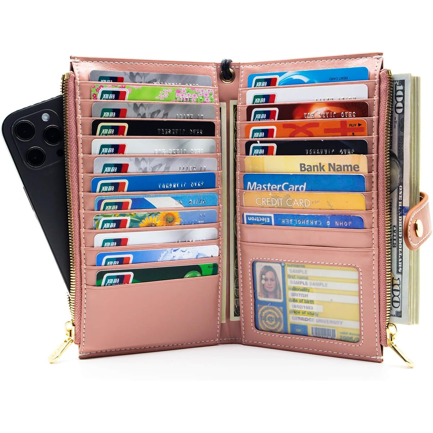 ANDOILT Women's Genuine Leather Wallet RFID Blocking Credit Card Holder Zipper Purse Cell Phone Handbag