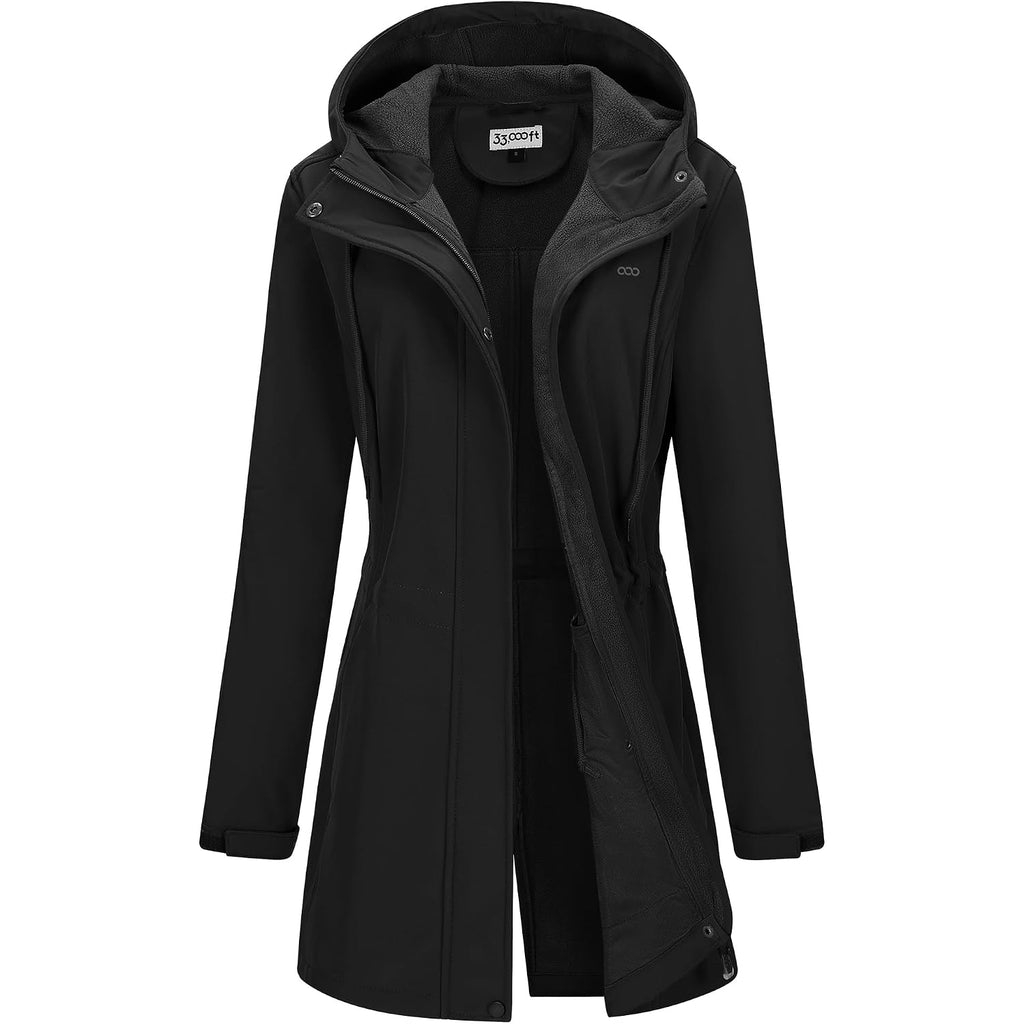 33,000Ft Women'S Softshell Long Jacket With Hood Fleece Lined Windproof Warm Up Waterproof Windbreaker